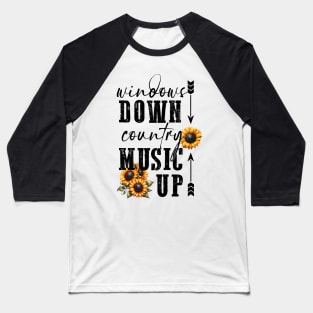 Windows down country music up Retro Country Music Heartbeat Western Cowboy Cowgirl Gift Baseball T-Shirt